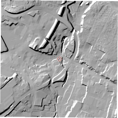 Shaded relief map of the ground around NG181AN, computed from Environment Agency LiDAR. The ground here sits at about 96 m above sea level and falls 28 m across the surrounding 800 m. Surface water reaching this point runs off ground lying to the east-south-east, 20.7 m higher.