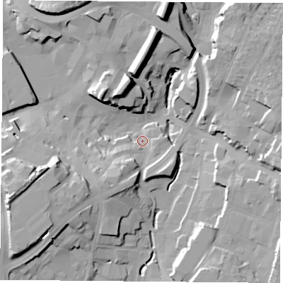 Shaded relief map of the ground around NG181AP, computed from Environment Agency LiDAR. The ground here sits at about 98 m above sea level and falls 27 m across the surrounding 800 m. Surface water reaching this point runs off ground lying to the south-west, 19.7 m higher.