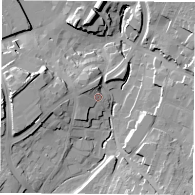 Shaded relief map of the ground around NG181AX, computed from Environment Agency LiDAR. The ground here sits at about 105 m above sea level and falls 27 m across the surrounding 800 m. Surface water reaching this point runs off ground lying to the west, 7.2 m higher.