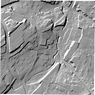 Shaded relief map of the ground around NG181BA, computed from Environment Agency LiDAR. The ground here sits at about 104 m above sea level and falls 30 m across the surrounding 800 m. Surface water reaching this point runs off ground lying to the north-north-west, 7.9 m higher.