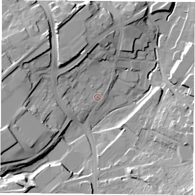 Shaded relief map of the ground around NG181BP, computed from Environment Agency LiDAR. The ground here sits at about 105 m above sea level and falls 28 m across the surrounding 800 m. Surface water reaching this point runs off ground lying to the north-west, 15.2 m higher.