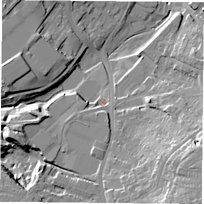 Shaded relief map of the ground around NG181BW, computed from Environment Agency LiDAR. The ground here sits at about 110 m above sea level and falls 34 m across the surrounding 800 m. Surface water reaching this point runs off ground lying to the south-west, 5.8 m higher.