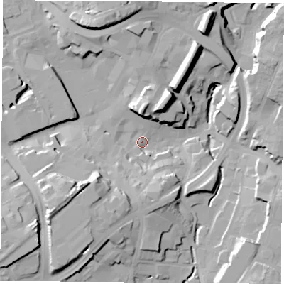 Shaded relief map of the ground around NG181DG, computed from Environment Agency LiDAR. The ground here sits at about 100 m above sea level and falls 29 m across the surrounding 800 m. Surface water reaching this point runs off ground lying to the south-west, 25.8 m higher.