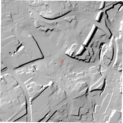Shaded relief map of the ground around NG181HU, computed from Environment Agency LiDAR. The ground here sits at about 101 m above sea level and falls 29 m across the surrounding 800 m. Surface water reaching this point runs off ground lying to the south-west, 19.4 m higher.