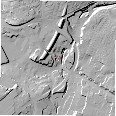 Shaded relief map of the ground around NG181NL, computed from Environment Agency LiDAR. The ground here sits at about 99 m above sea level and falls 32 m across the surrounding 800 m. Surface water reaching this point runs off ground lying to the south-west, 26.3 m higher.