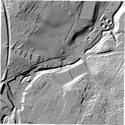 Shaded relief map of the ground around NG182BZ, computed from Environment Agency LiDAR. The ground here sits at about 86 m above sea level and falls 40 m across the surrounding 800 m. Surface water reaching this point runs off ground lying to the west-north-west, 34.3 m higher.
