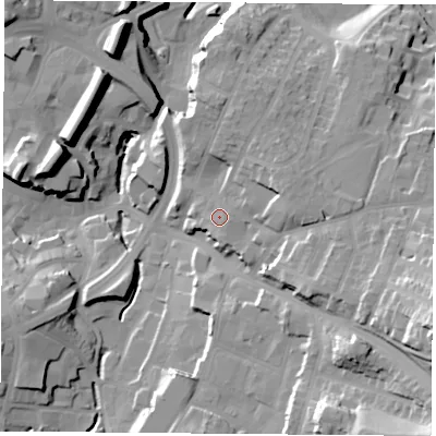 Shaded relief map of the ground around NG182EY, computed from Environment Agency LiDAR. The ground here sits at about 106 m above sea level and falls 37 m across the surrounding 800 m. Surface water reaching this point runs off ground lying to the east, 2.4 m higher.