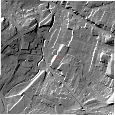 Shaded relief map of the ground around NG182FD, computed from Environment Agency LiDAR. The ground here sits at about 108 m above sea level and falls 34 m across the surrounding 800 m. The ground contributing surface water to this point lies to the north-north-west.