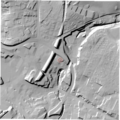 Shaded relief map of the ground around NG182HA, computed from Environment Agency LiDAR. The ground here sits at about 105 m above sea level and falls 38 m across the surrounding 800 m. Surface water reaching this point runs off ground lying to the west-north-west, 13.0 m higher.