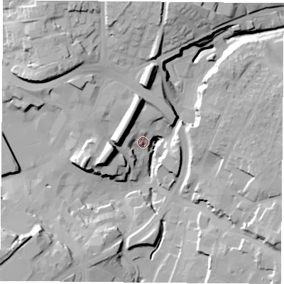 Shaded relief map of the ground around NG182HE, computed from Environment Agency LiDAR. The ground here sits at about 102 m above sea level and falls 32 m across the surrounding 800 m. Surface water reaching this point runs off ground lying to the south-west, 26.3 m higher.