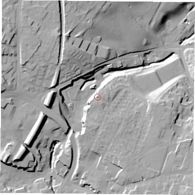 Shaded relief map of the ground around NG182HS, computed from Environment Agency LiDAR. The ground here sits at about 111 m above sea level and falls 39 m across the surrounding 800 m. Surface water reaching this point runs off ground lying to the south-south-west, 2.1 m higher.