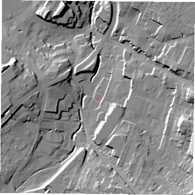Shaded relief map of the ground around NG182HZ, computed from Environment Agency LiDAR. The ground here sits at about 100 m above sea level and falls 26 m across the surrounding 800 m. Surface water reaching this point runs off ground lying to the south, 21.1 m higher.