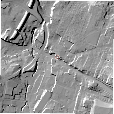 Shaded relief map of the ground around NG182JA, computed from Environment Agency LiDAR. The ground here sits at about 102 m above sea level and falls 34 m across the surrounding 800 m. Surface water reaching this point runs off ground lying to the east-south-east, 26.6 m higher.
