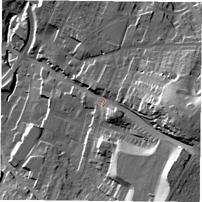 Shaded relief map of the ground around NG182JL, computed from Environment Agency LiDAR. The ground here sits at about 109 m above sea level and falls 44 m across the surrounding 800 m. Surface water reaching this point runs off ground lying to the east-south-east, 28.1 m higher.