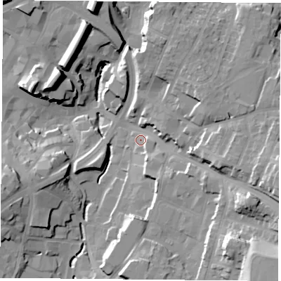 Shaded relief map of the ground around NG182JW, computed from Environment Agency LiDAR. The ground here sits at about 100 m above sea level and falls 29 m across the surrounding 800 m. Surface water reaching this point runs off ground lying to the south-east, 26.0 m higher.
