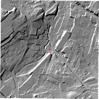 Shaded relief map of the ground around NG182TB, computed from Environment Agency LiDAR. The ground here sits at about 102 m above sea level and falls 33 m across the surrounding 800 m. Surface water reaching this point runs off ground lying to the south-east, 24.0 m higher.