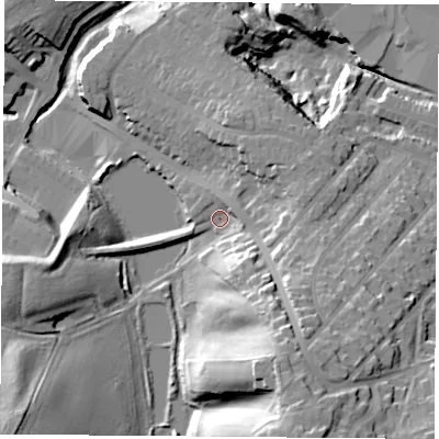 Shaded relief map of the ground around NG185BS, computed from Environment Agency LiDAR. The ground here sits at about 121 m above sea level and falls 38 m across the surrounding 800 m. Surface water reaching this point runs off ground lying to the south-south-east, 24.5 m higher.