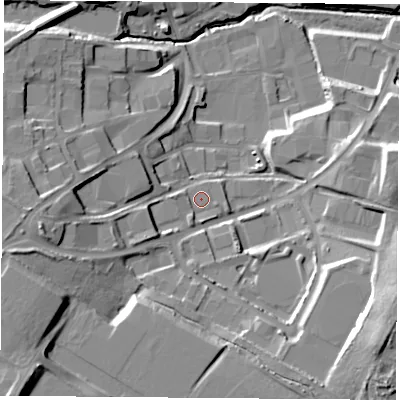 Shaded relief map of the ground around NG185BU, computed from Environment Agency LiDAR. The ground here sits at about 124 m above sea level and falls 29 m across the surrounding 800 m. Surface water reaching this point runs off ground lying to the south-west, 5.3 m higher.