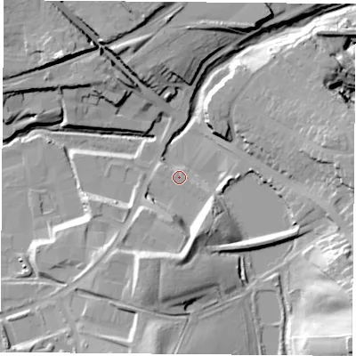 Shaded relief map of the ground around NG185FB, computed from Environment Agency LiDAR. The ground here sits at about 119 m above sea level and falls 34 m across the surrounding 800 m. Surface water reaching this point runs off ground lying to the south, 12.5 m higher.
