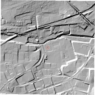 Shaded relief map of the ground around NG185GX, computed from Environment Agency LiDAR. The ground here sits at about 119 m above sea level and falls 27 m across the surrounding 800 m. Surface water reaching this point runs off ground lying to the south-south-west, 1.3 m higher.