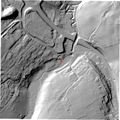 Shaded relief map of the ground around NG197PA, computed from Environment Agency LiDAR. The ground here sits at about 111 m above sea level and falls 49 m across the surrounding 800 m. Surface water reaching this point runs off ground lying to the west-north-west, 34.4 m higher.