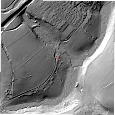 Shaded relief map of the ground around NG197QA, computed from Environment Agency LiDAR. The ground here sits at about 121 m above sea level and falls 46 m across the surrounding 800 m. Surface water reaching this point runs off ground lying to the west, 28.3 m higher.