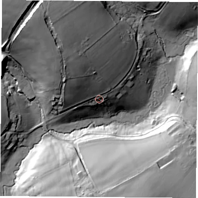 Shaded relief map of the ground around NG197QB, computed from Environment Agency LiDAR. The ground here sits at about 126 m above sea level and falls 45 m across the surrounding 800 m. Surface water reaching this point runs off ground lying to the north-north-west, 23.5 m higher.