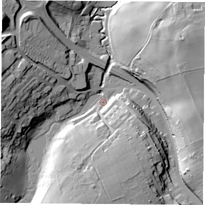 Shaded relief map of the ground around NG197SQ, computed from Environment Agency LiDAR. The ground here sits at about 110 m above sea level and falls 46 m across the surrounding 800 m. Surface water reaching this point runs off ground lying to the south-south-east, 23.4 m higher.