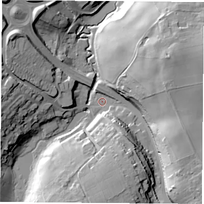 Shaded relief map of the ground around NG197SR, computed from Environment Agency LiDAR. The ground here sits at about 109 m above sea level and falls 36 m across the surrounding 800 m. Surface water reaching this point runs off ground lying to the north-east, 34.5 m higher.