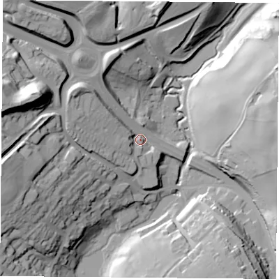 Shaded relief map of the ground around NG197TD, computed from Environment Agency LiDAR. The ground here sits at about 119 m above sea level and falls 50 m across the surrounding 800 m. Surface water reaching this point runs off ground lying to the west-north-west, 15.5 m higher.