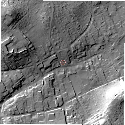 Shaded relief map of the ground around NG198AS, computed from Environment Agency LiDAR. The ground here sits at about 82 m above sea level and falls 29 m across the surrounding 800 m. Surface water reaching this point runs off ground lying to the west-north-west, 15.6 m higher.
