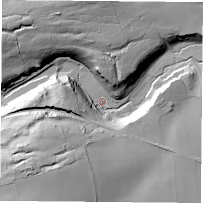 Shaded relief map of the ground around NG198FB, computed from Environment Agency LiDAR. The ground here sits at about 96 m above sea level and falls 62 m across the surrounding 800 m. Surface water reaching this point runs off ground lying to the west-north-west, 46.7 m higher.