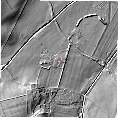 Shaded relief map of the ground around NG198LL, computed from Environment Agency LiDAR. The ground here sits at about 69 m above sea level and falls 12 m across the surrounding 800 m. Surface water reaching this point runs off ground lying to the east, 0.7 m higher.