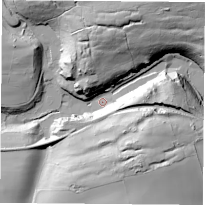 Shaded relief map of the ground around NG198RL, computed from Environment Agency LiDAR. The ground here sits at about 103 m above sea level and falls 54 m across the surrounding 800 m. Surface water reaching this point runs off ground lying to the south-east, 44.9 m higher.
