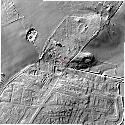 Shaded relief map of the ground around NG198SA, computed from Environment Agency LiDAR. The ground here sits at about 76 m above sea level and falls 14 m across the surrounding 800 m. Surface water reaching this point runs off ground lying to the north-east, 3.0 m higher.
