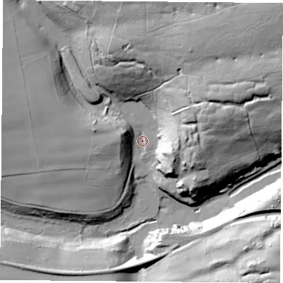 Shaded relief map of the ground around NG198SD, computed from Environment Agency LiDAR. The ground here sits at about 106 m above sea level and falls 47 m across the surrounding 800 m. Surface water reaching this point runs off ground lying to the east-north-east, 35.9 m higher.