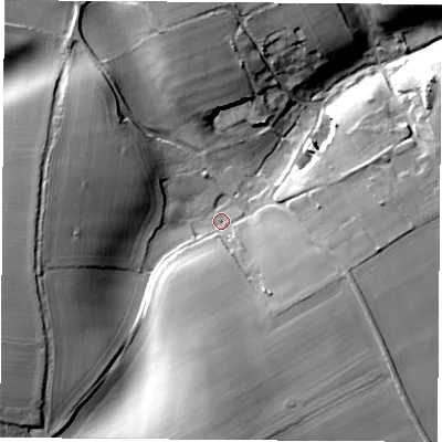 Shaded relief map of the ground around NG198TR, computed from Environment Agency LiDAR. The ground here sits at about 152 m above sea level and falls 27 m across the surrounding 800 m. Surface water reaching this point runs off ground lying to the west, 21.1 m higher.