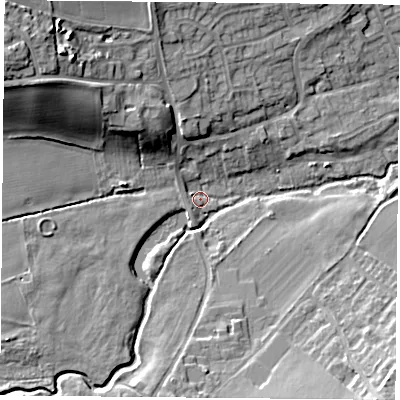 Shaded relief map of the ground around NG200SF, computed from Environment Agency LiDAR. The ground here sits at about 50 m above sea level and falls 20 m across the surrounding 800 m. Surface water reaching this point runs off ground lying to the north-west, 17.5 m higher.