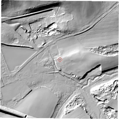 Shaded relief map of the ground around NG208XF, computed from Environment Agency LiDAR. The ground here sits at about 64 m above sea level and falls 34 m across the surrounding 800 m. Surface water reaching this point runs off ground lying to the east-north-east, 3.0 m higher.