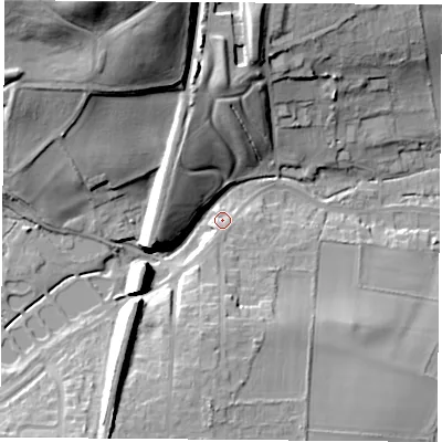 Shaded relief map of the ground around NG209BH, computed from Environment Agency LiDAR. The ground here sits at about 74 m above sea level and falls 44 m across the surrounding 800 m. Surface water reaching this point runs off ground lying to the south, 7.3 m higher.