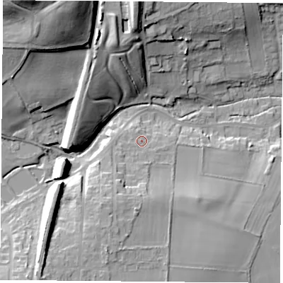 Shaded relief map of the ground around NG209DH, computed from Environment Agency LiDAR. The ground here sits at about 74 m above sea level and falls 40 m across the surrounding 800 m. Surface water reaching this point runs off ground lying to the south-south-west, 10.1 m higher.