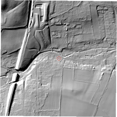 Shaded relief map of the ground around NG209EL, computed from Environment Agency LiDAR. The ground here sits at about 70 m above sea level and falls 49 m across the surrounding 800 m. Surface water reaching this point runs off ground lying to the south-west, 13.3 m higher.