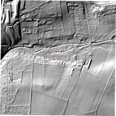 Shaded relief map of the ground around NG209EN, computed from Environment Agency LiDAR. The ground here sits at about 68 m above sea level and falls 29 m across the surrounding 800 m. Surface water reaching this point runs off ground lying to the south-west, 16.4 m higher.