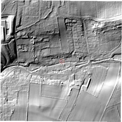 Shaded relief map of the ground around NG209EW, computed from Environment Agency LiDAR. The ground here sits at about 66 m above sea level and falls 30 m across the surrounding 800 m. Surface water reaching this point runs off ground lying to the north-west, 25.8 m higher.