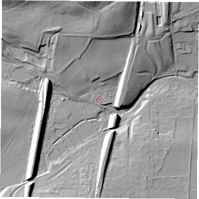 Shaded relief map of the ground around NG209HS, computed from Environment Agency LiDAR. The ground here sits at about 76 m above sea level and falls 39 m across the surrounding 800 m. Surface water reaching this point runs off ground lying to the north-north-west, 13.1 m higher.