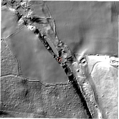 Shaded relief map of the ground around NG209HT, computed from Environment Agency LiDAR. The ground here sits at about 91 m above sea level and falls 38 m across the surrounding 800 m. Surface water reaching this point runs off ground lying to the west-north-west, 16.8 m higher.