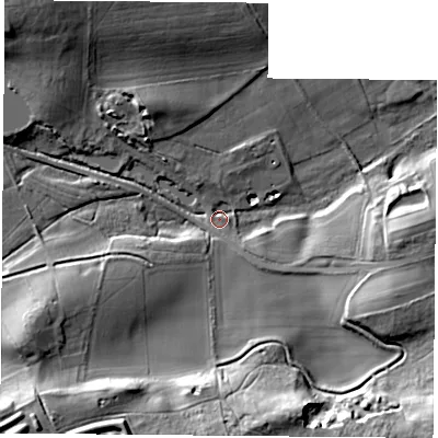 Shaded relief map of the ground around NG209JQ, computed from Environment Agency LiDAR. The ground here sits at about 57 m above sea level and falls 27 m across the surrounding 800 m. Surface water reaching this point runs off ground lying to the south-west, 23.6 m higher.
