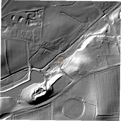 Shaded relief map of the ground around NG209NE, computed from Environment Agency LiDAR. The ground here sits at about 50 m above sea level and falls 28 m across the surrounding 800 m. Surface water reaching this point runs off ground lying to the east-south-east, 17.8 m higher.