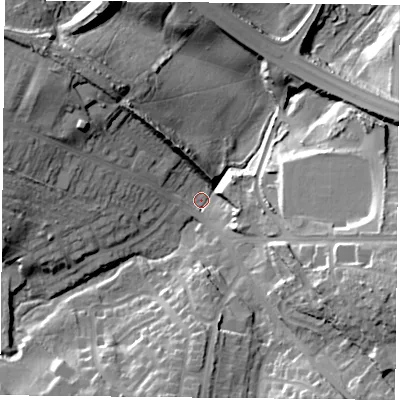 Shaded relief map of the ground around NG210BL, computed from Environment Agency LiDAR. The ground here sits at about 91 m above sea level and falls 29 m across the surrounding 800 m. Surface water reaching this point runs off ground lying to the east-south-east, 26.6 m higher.