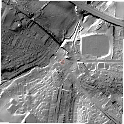 Shaded relief map of the ground around NG210EB, computed from Environment Agency LiDAR. The ground here sits at about 94 m above sea level and falls 29 m across the surrounding 800 m. Surface water reaching this point runs off ground lying to the east-south-east, 22.3 m higher.